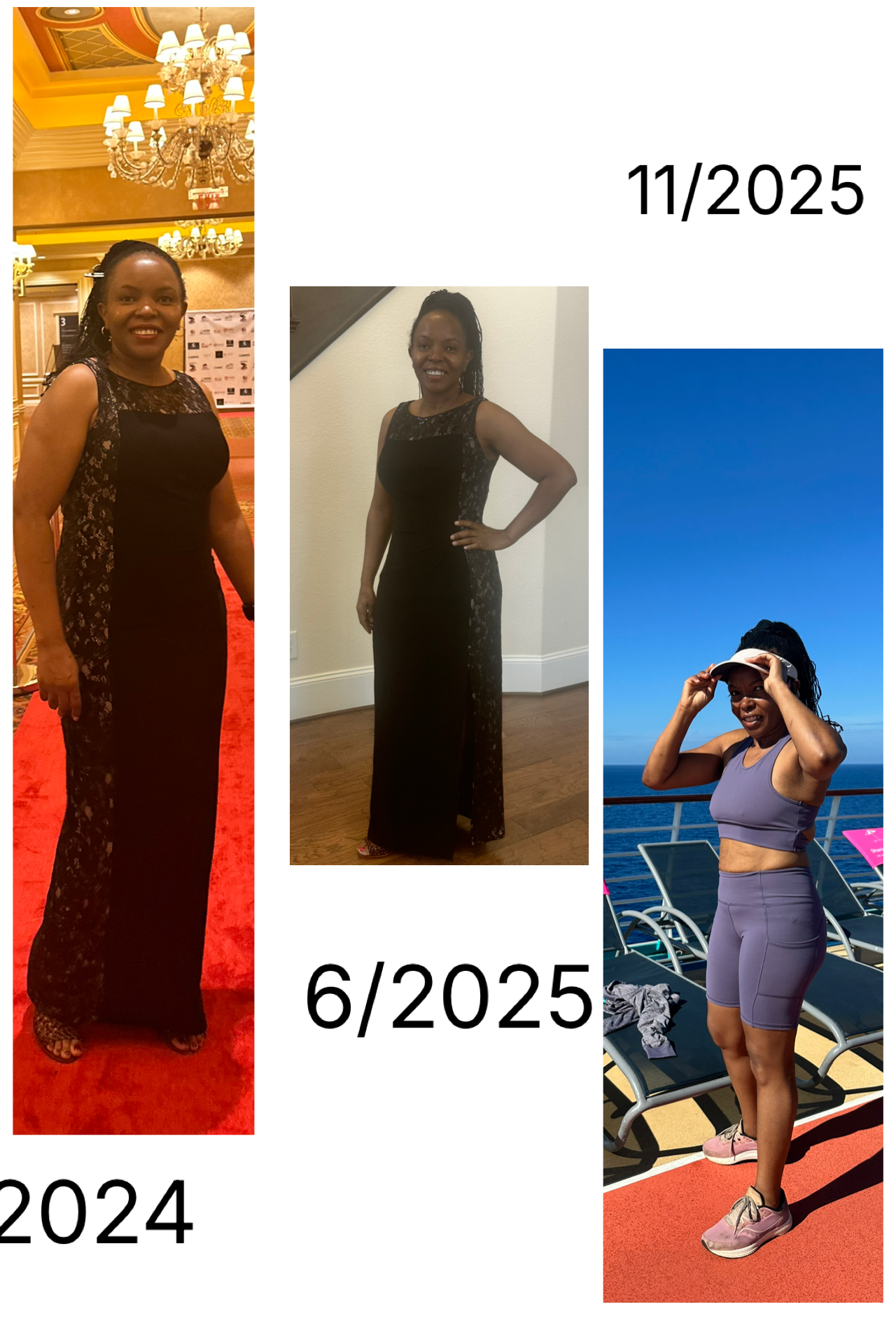 Dr. Esther Dow · before and after one year on the Feel Great Protocol (2024, June 2025, November 2025)